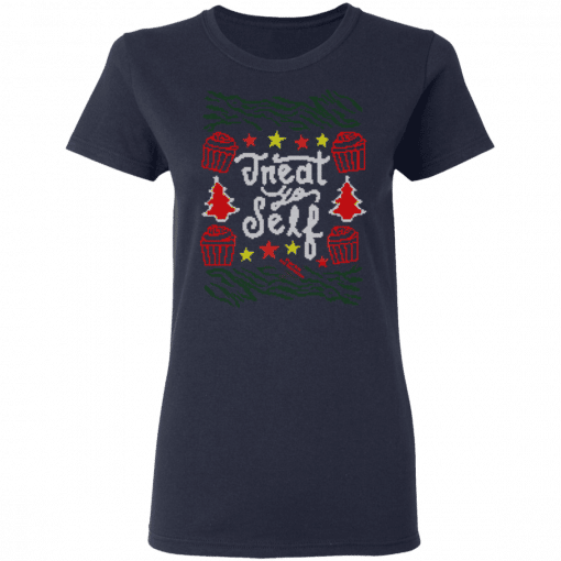 Parks and Recreation Treat Yo Self Ugly Christmas Women T-Shirt Navy