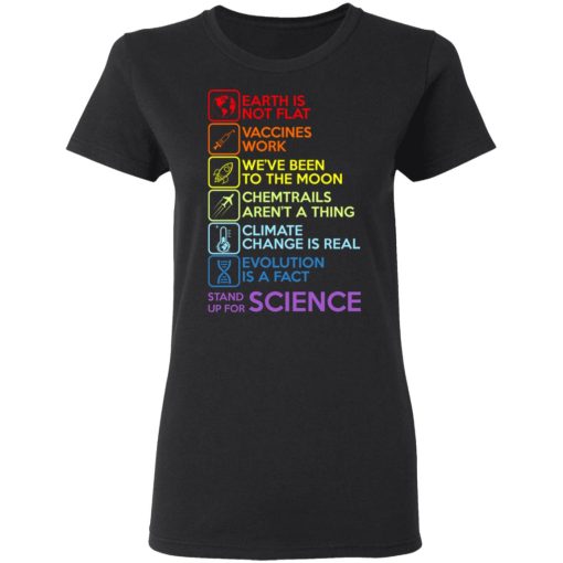 Earth Is Not Flat Vaccines Work We've Been To The Moon Chemtrails Aren't A Thing Climate Change Is Real Evolution Is A Fact Stand Up For Science T-Shirts, Hoodies, Long Sleeve 9