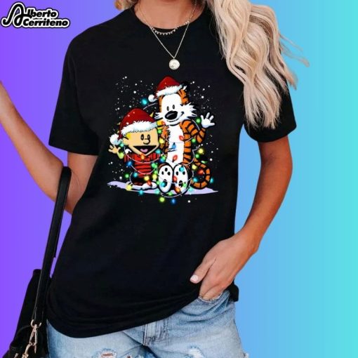 Calvin and Hobbes With Lights Christmas Ornament Shirt